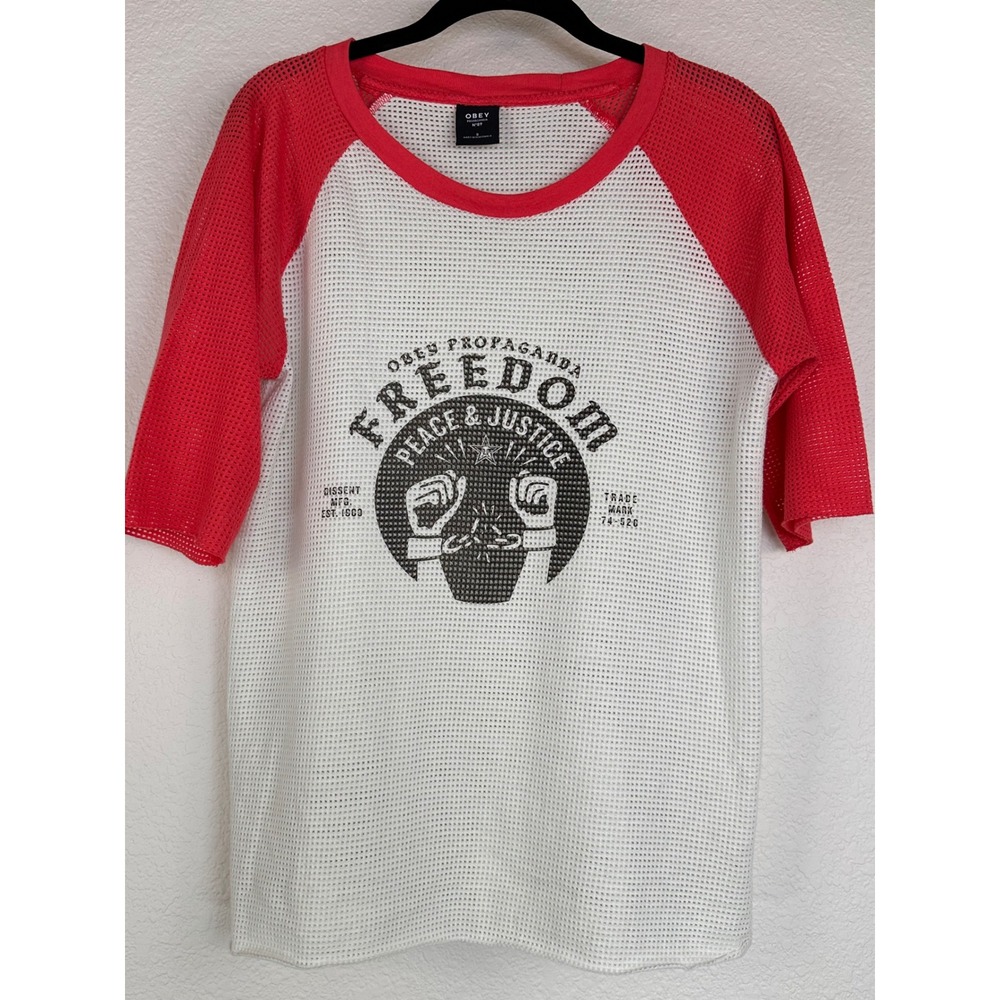 OBEY Mesh‎ Graphic Raglan Tee Small Red White NWT Y2K Streetwear Top